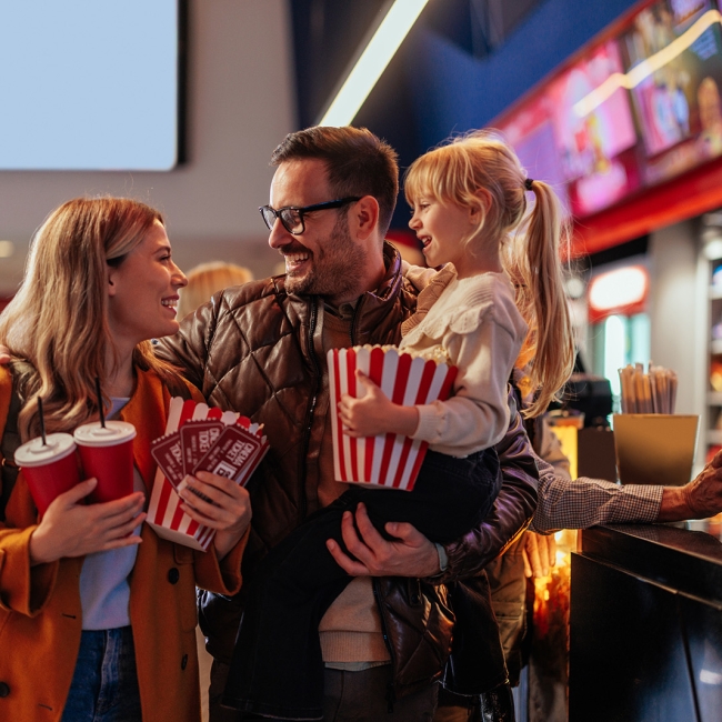 Two young adult Caucasian parents are in the cinema with their small child, excited to spend time together and enjoying a movie.