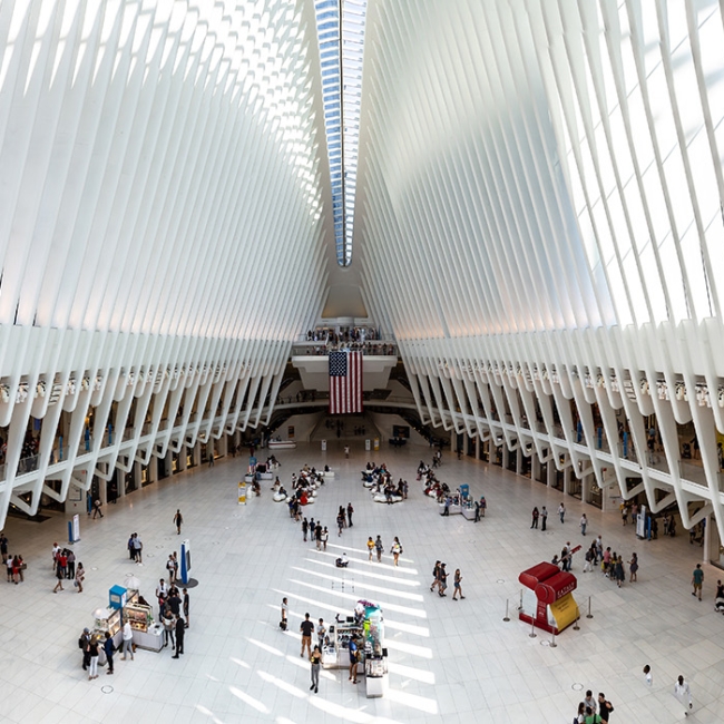 NEW YORK CITY, USA - MARCH 29, 2020: Panorama of Oculus transportation hub at World Trade Center in New York City, NY, USA