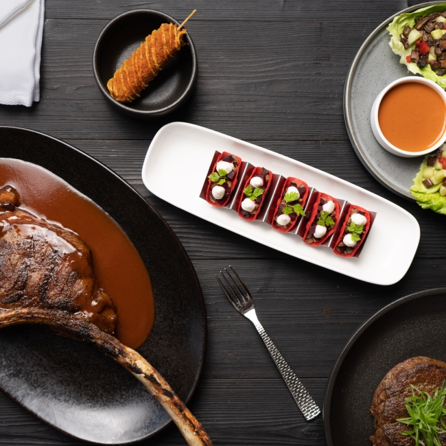 overhead view of food on a table